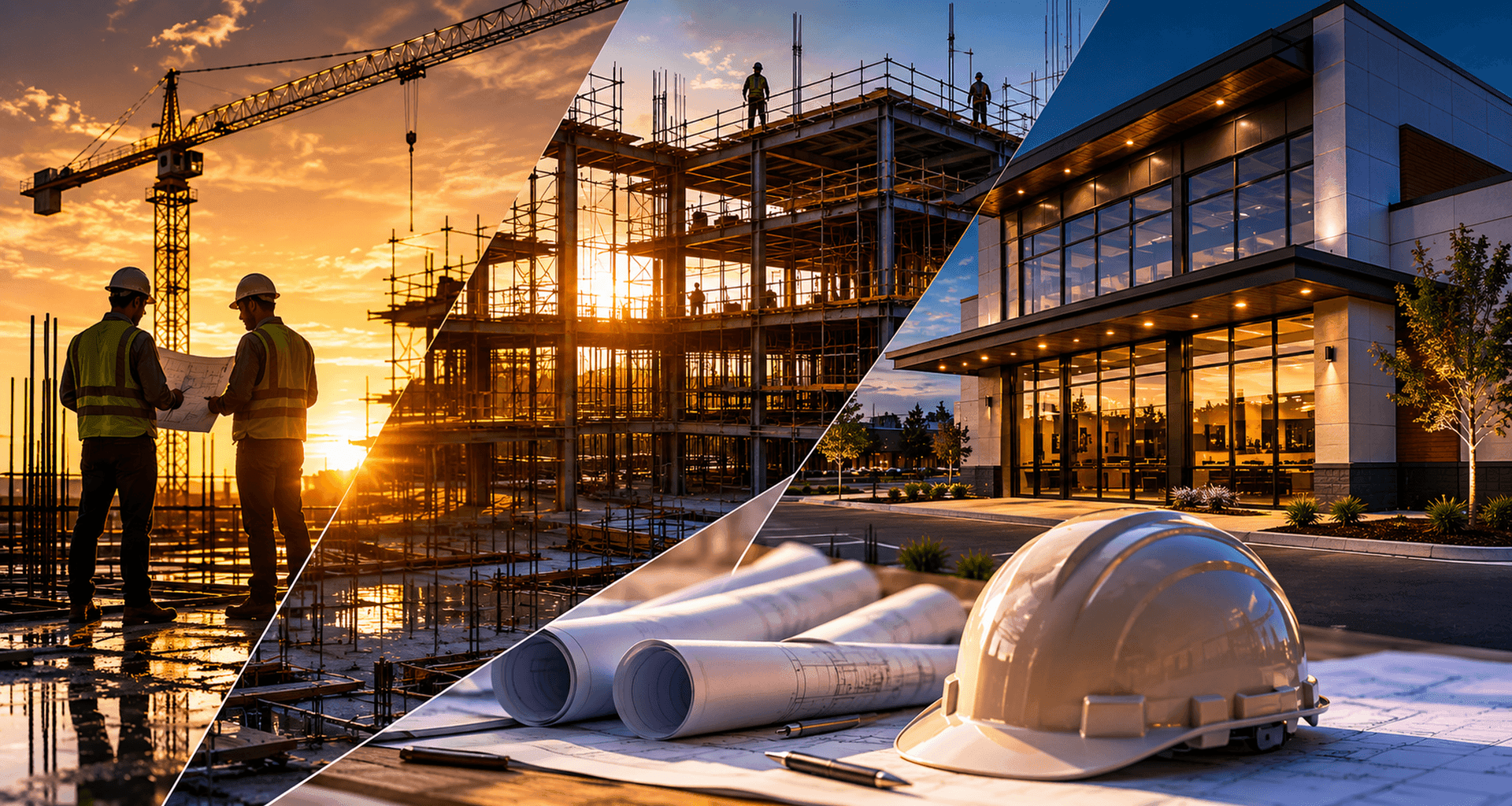 PRLMB LLC commercial construction — crane, steel structure, finished building, blueprints